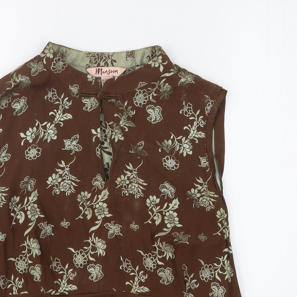 Monsoon Womens Brown Floral Silk Basic Tank Size 18 Collared