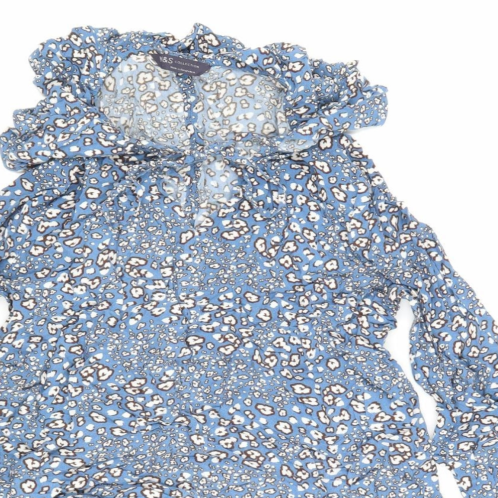 Marks and Spencer Womens Blue Floral Viscose Jersey Blouse Size 8 Cowl Neck - Flowers