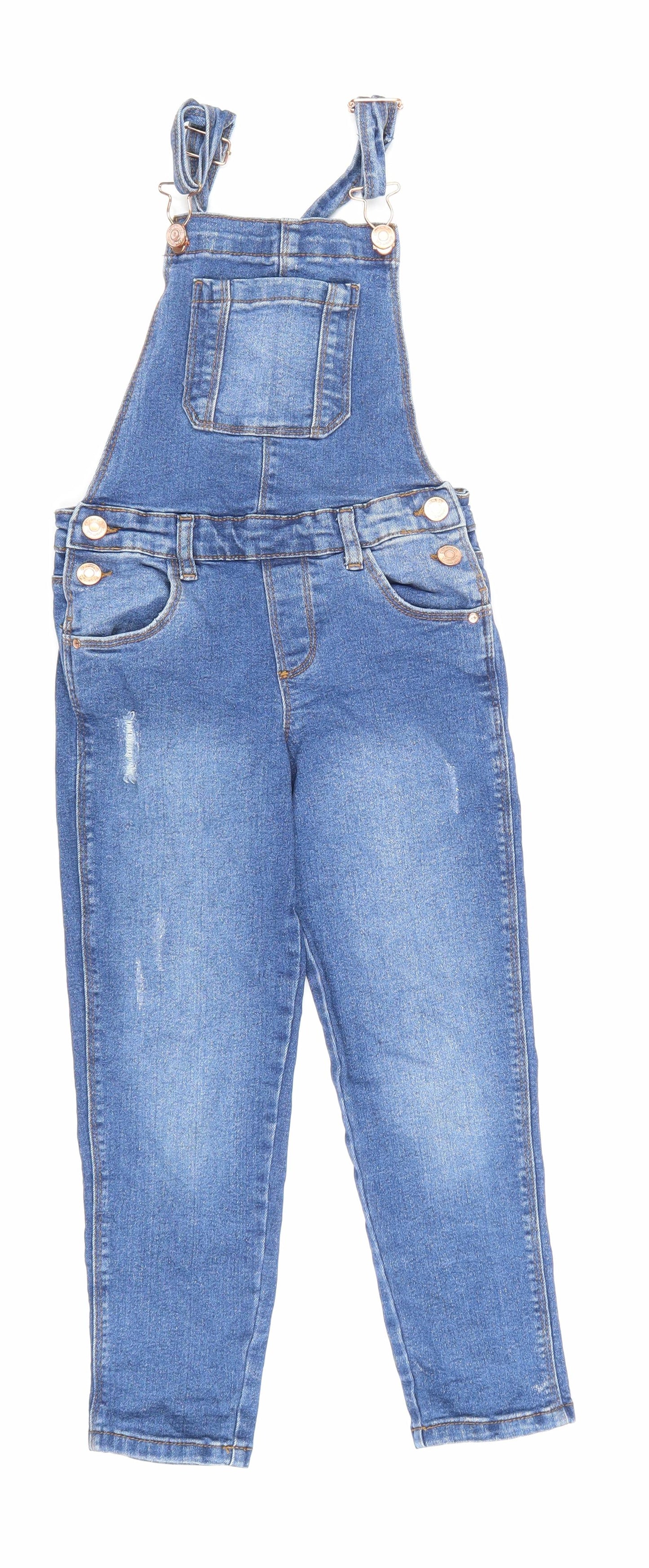 Denim & Co. Girls Blue Cotton Dungaree One-Piece Size 6-7 Years Button