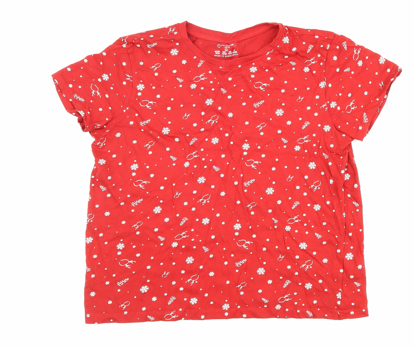 Primark Womens Red Geometric 100% Cotton Basic T-Shirt Size 14 Round Neck - Christmas, snow, Christmas tree