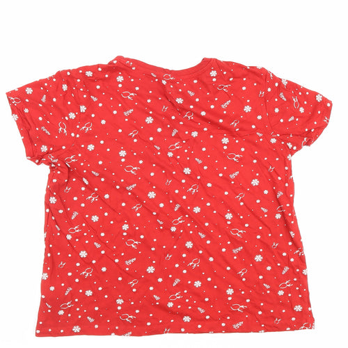 Primark Womens Red Geometric 100% Cotton Basic T-Shirt Size 14 Round Neck - Christmas, snow, Christmas tree