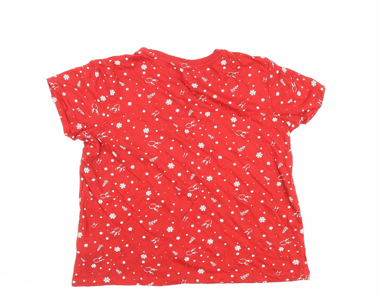 Primark Womens Red Geometric 100% Cotton Basic T-Shirt Size 14 Round Neck - Christmas, snow, Christmas tree