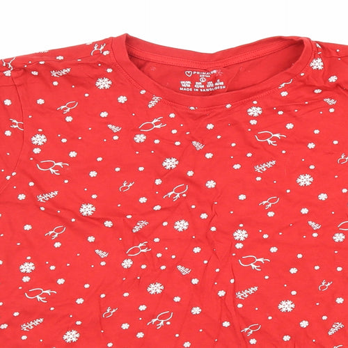 Primark Womens Red Geometric 100% Cotton Basic T-Shirt Size 14 Round Neck - Christmas, snow, Christmas tree