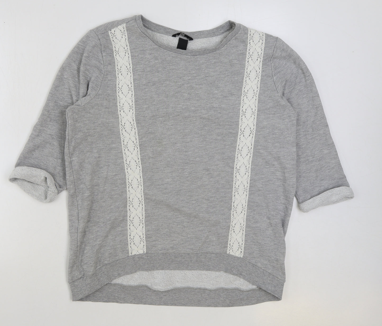 H&M Womens Grey Cotton Basic T-Shirt Size M Scoop Neck - Lace Detail