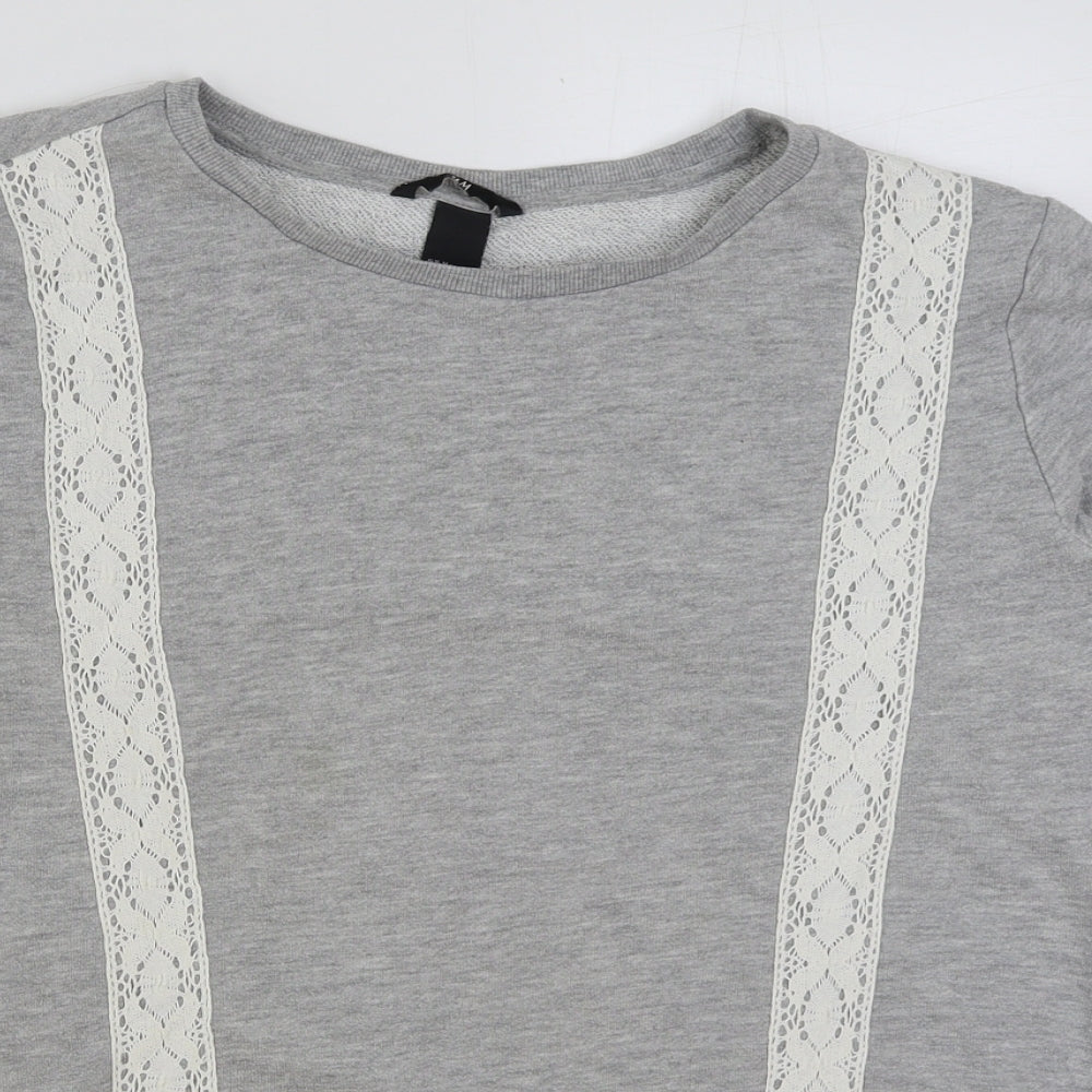 H&M Womens Grey Cotton Basic T-Shirt Size M Scoop Neck - Lace Detail