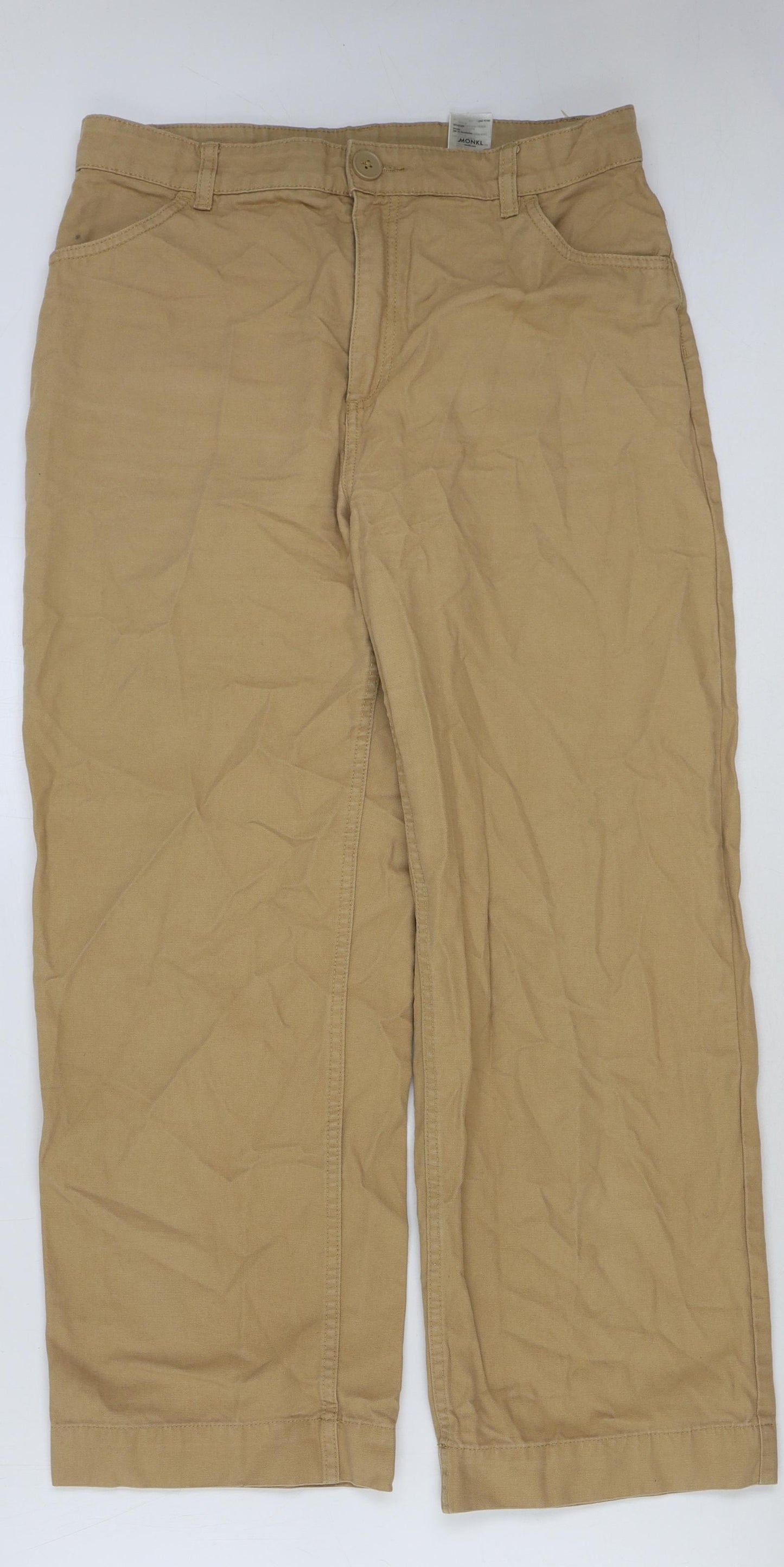 Monki Womens Beige Cotton Trousers Size 14 L27 in Regular Button