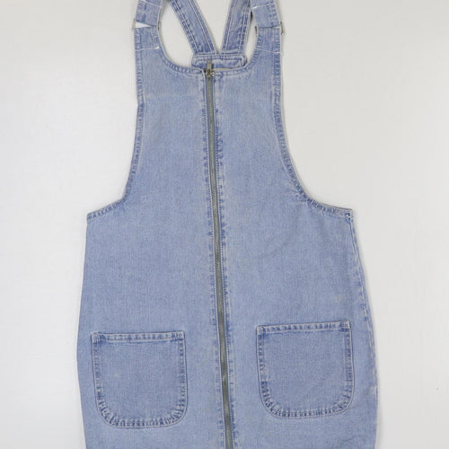 Denim & Co. Womens Blue Cotton Pinafore/Dungaree Dress Size 8 Square Neck Buckle