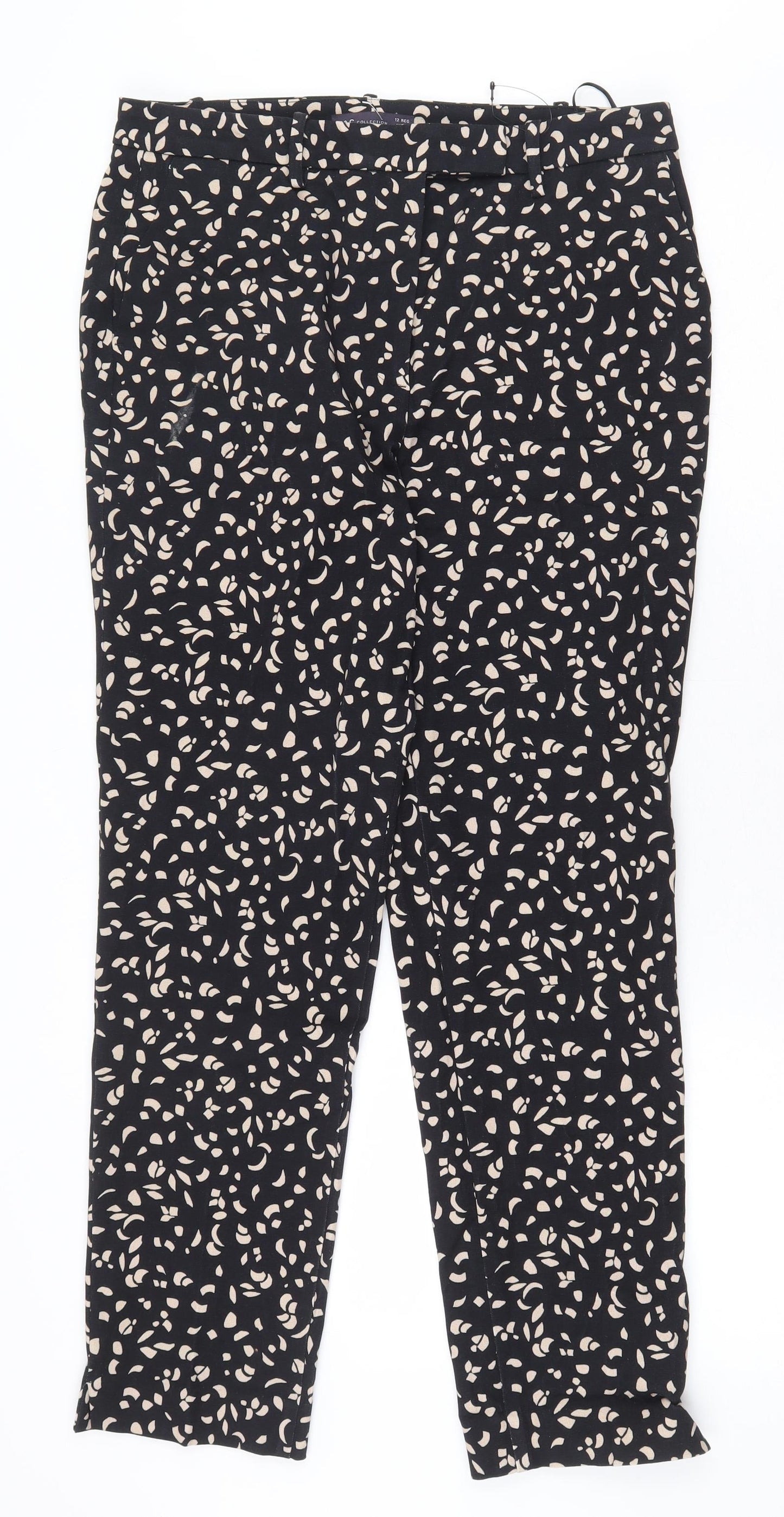 Marks and Spencer Womens Black Geometric Viscose Trousers Size 12 L27 in Regular Zip