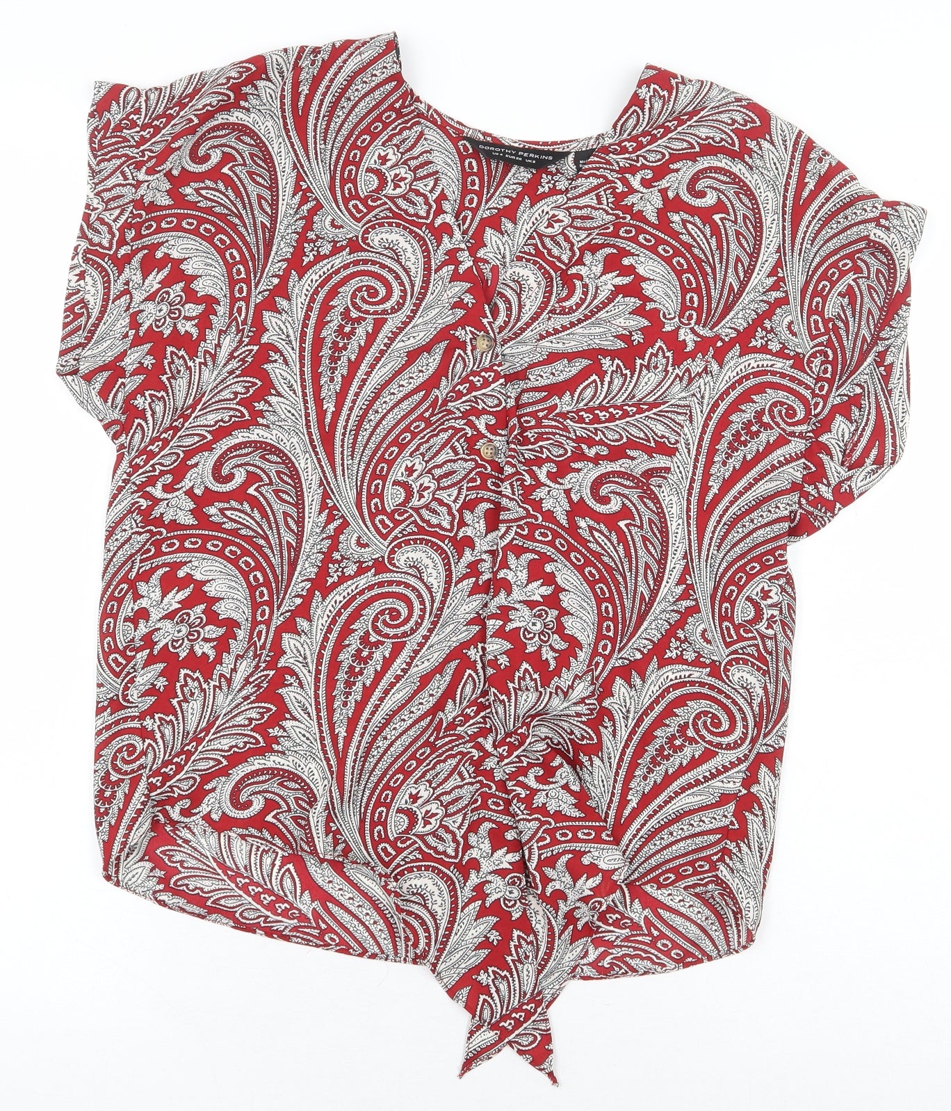 Dorothy Perkins Womens Red Paisley Polyester Basic Blouse Size 8 V-Neck - Tie Front