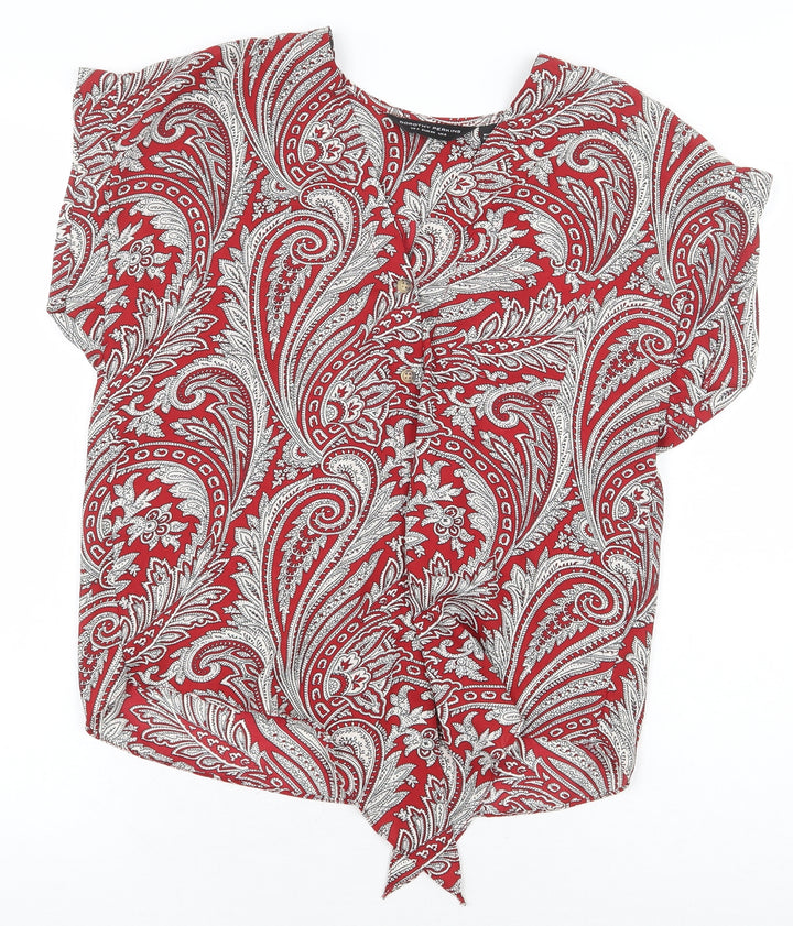 Dorothy Perkins Womens Red Paisley Polyester Basic Blouse Size 8 V-Neck - Tie Front