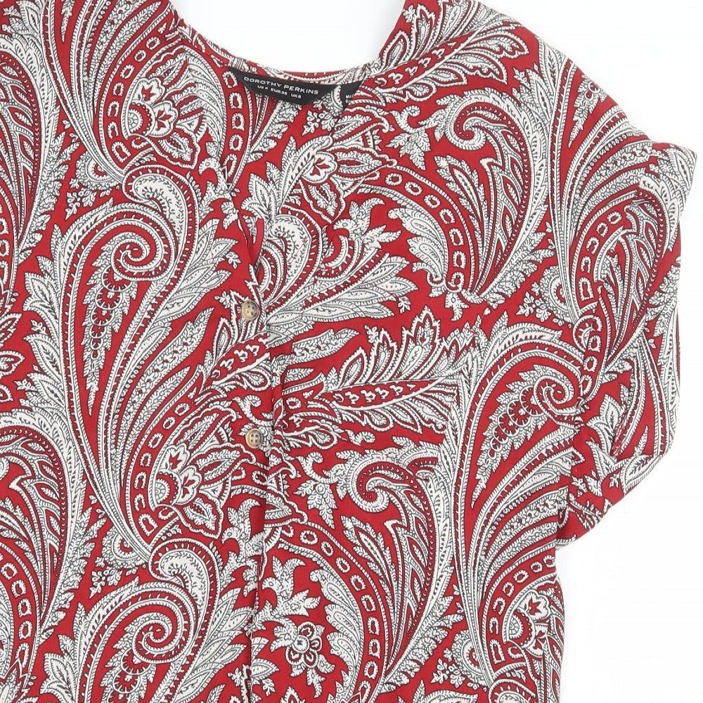 Dorothy Perkins Womens Red Paisley Polyester Basic Blouse Size 8 V-Neck - Tie Front