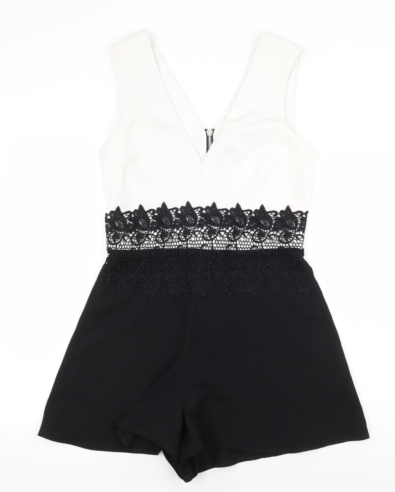 Lipsy Womens White Colourblock Polyester Playsuit One-Piece Size 12 Zip - Lace Detail