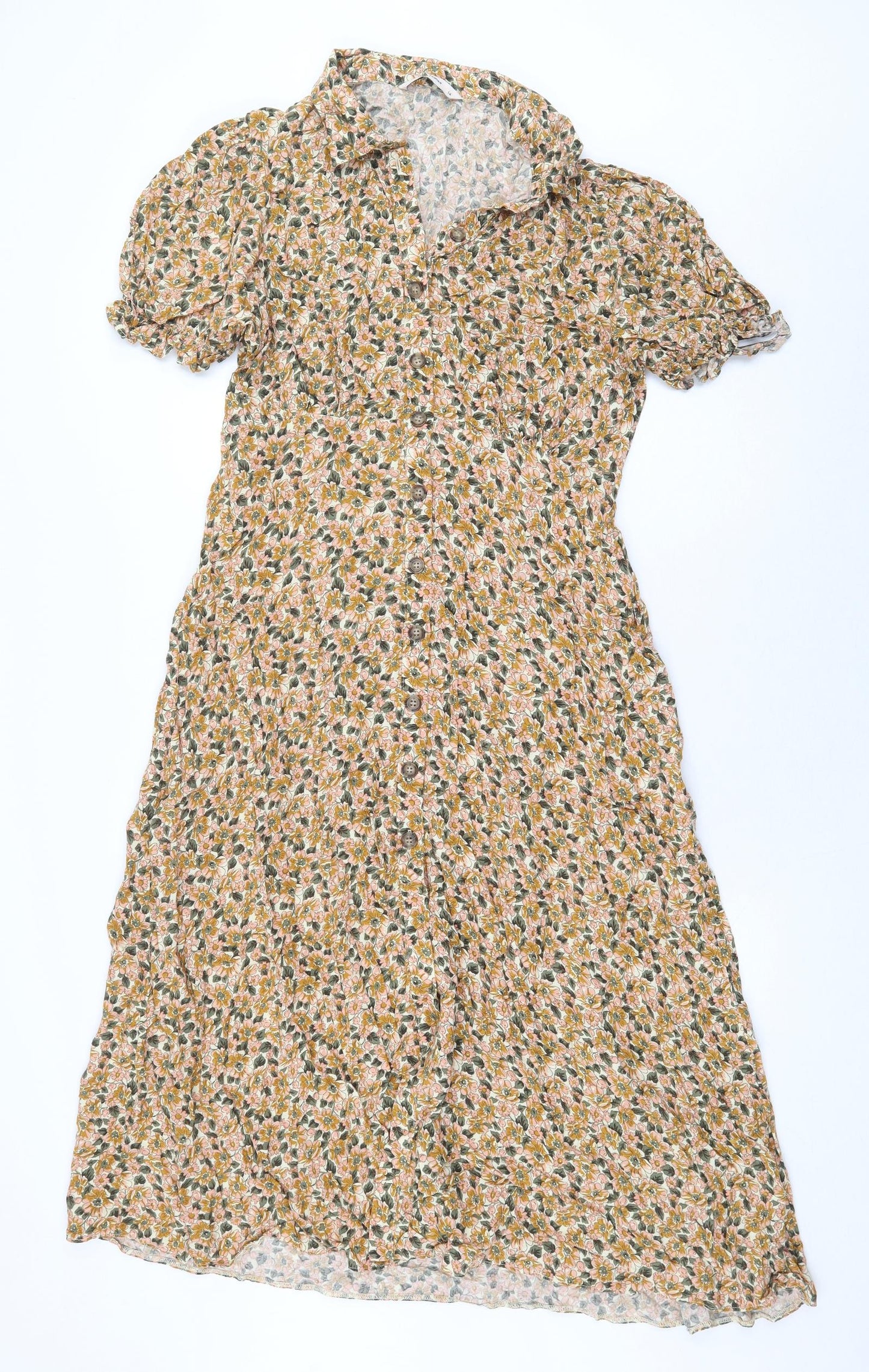 TU Womens Yellow Floral Viscose Shirt Dress Size 14 Collared Button - Slit