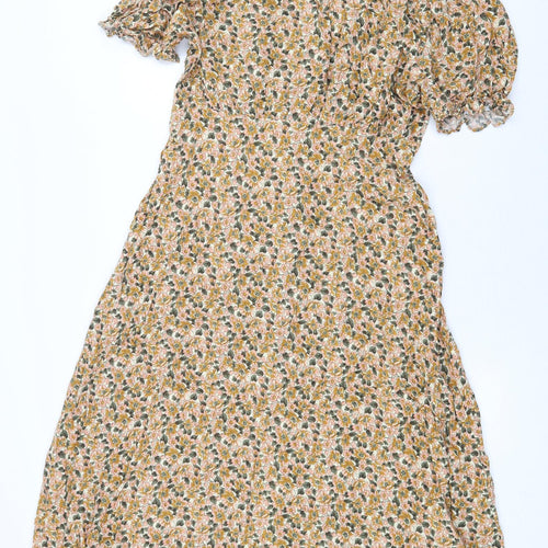 TU Womens Yellow Floral Viscose Shirt Dress Size 14 Collared Button - Slit
