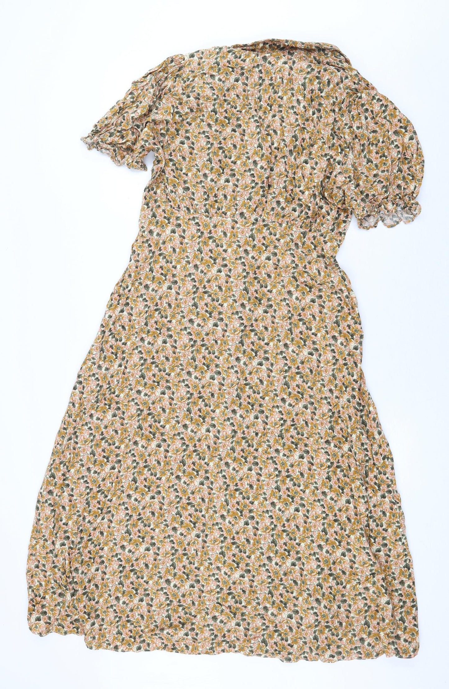 TU Womens Yellow Floral Viscose Shirt Dress Size 14 Collared Button - Slit