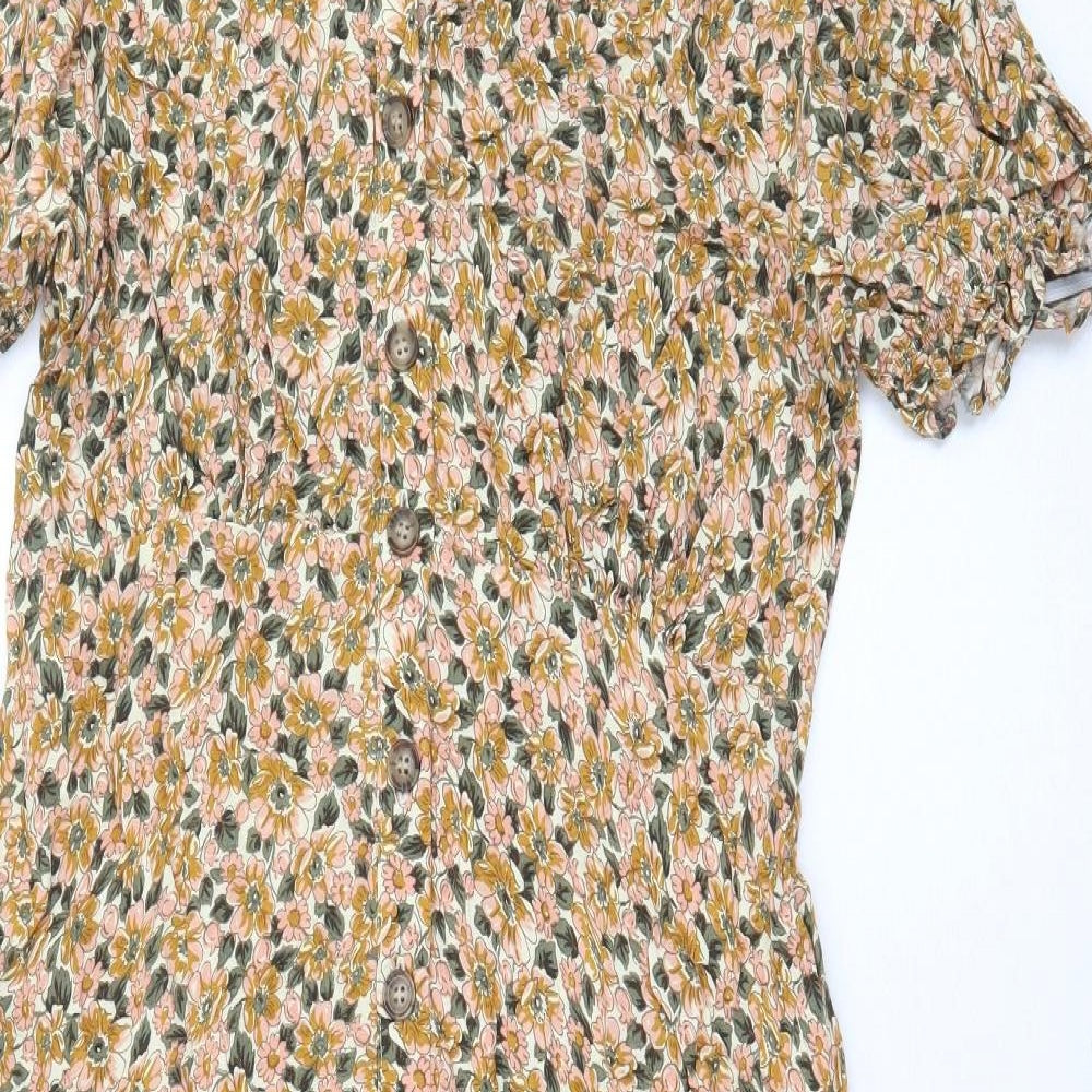 TU Womens Yellow Floral Viscose Shirt Dress Size 14 Collared Button - Slit