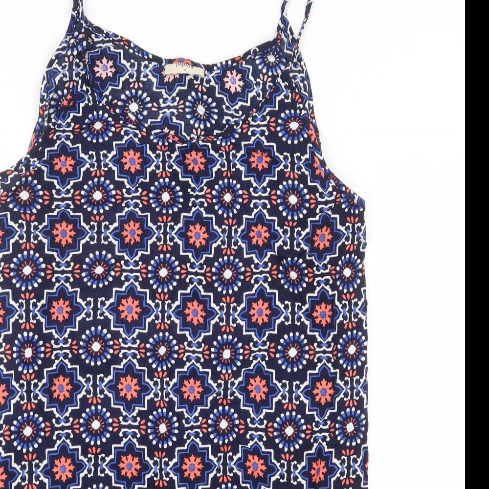 Papaya Womens Blue Geometric Viscose Basic Tank Size 14 Boat Neck