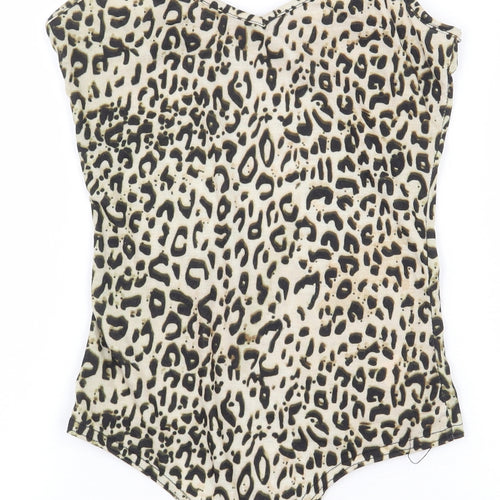 PRETTYLITTLETHING Womens Beige Animal Print Polyester Bodysuit One-Piece Size 8 Snap - Cheetah Print
