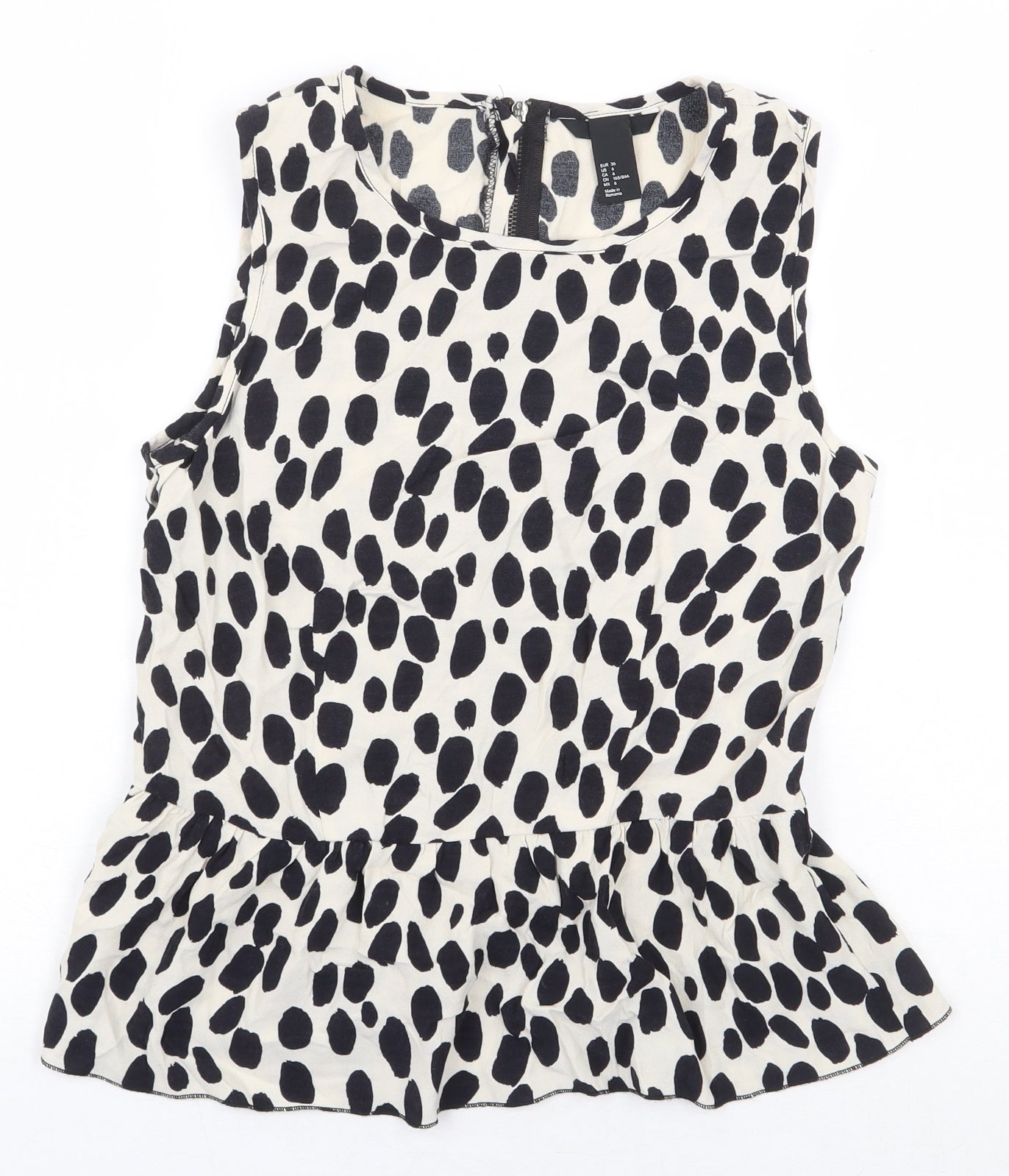 H&M Womens White Animal Print Viscose Basic Blouse Size 8 Boat Neck - Peplum