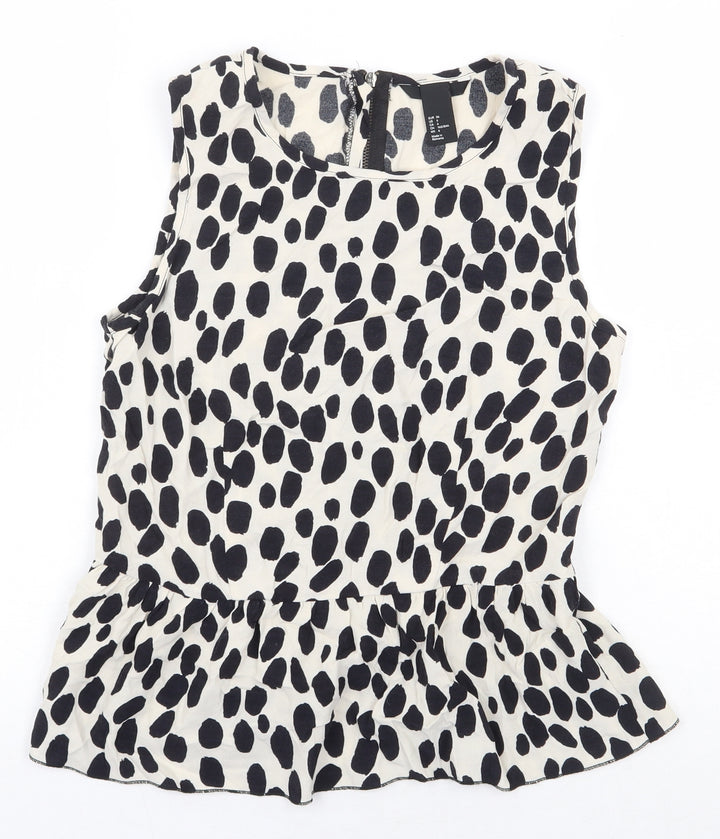 H&M Womens White Animal Print Viscose Basic Blouse Size 8 Boat Neck - Peplum