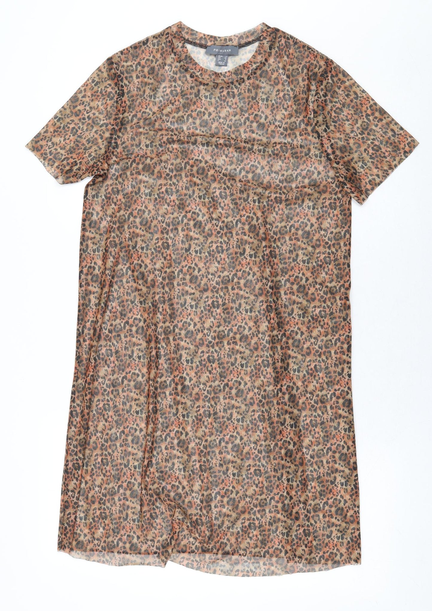 Primark Womens Brown Animal Print Polyester T-Shirt Dress Size 8 Round Neck Pullover - Leopard Print