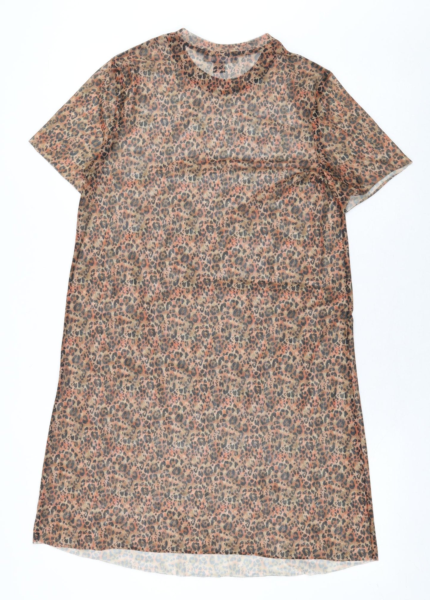Primark Womens Brown Animal Print Polyester T-Shirt Dress Size 8 Round Neck Pullover - Leopard Print