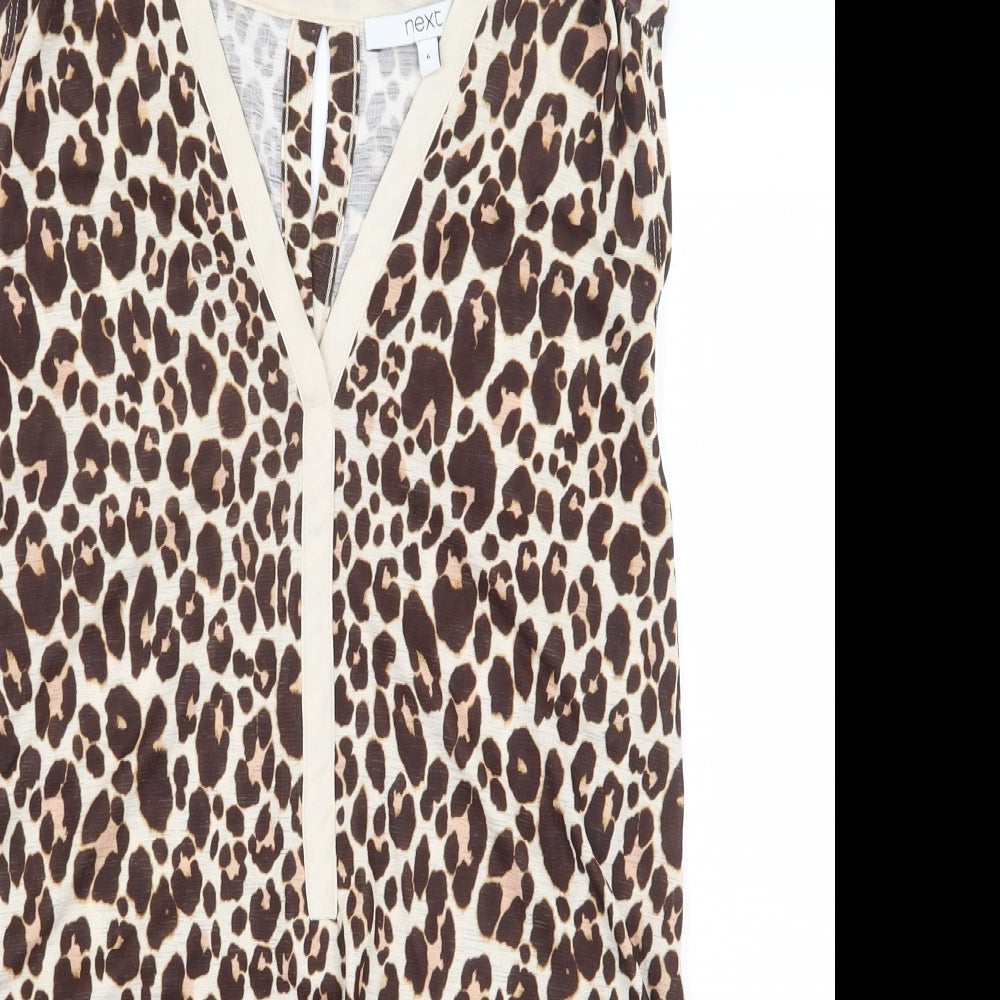 NEXT Womens Beige Animal Print Polyester Basic Blouse Size 8 V-Neck - Leopard Print