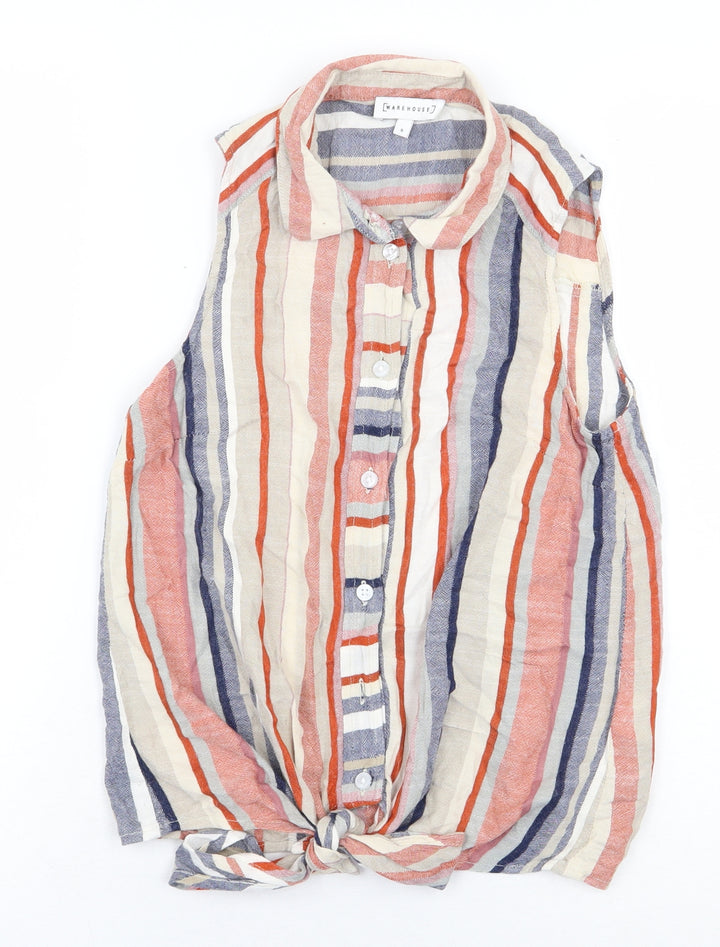 Warehouse Womens Multicoloured Striped Polyester Basic Button-Up Size 8 Collared - Tie Front