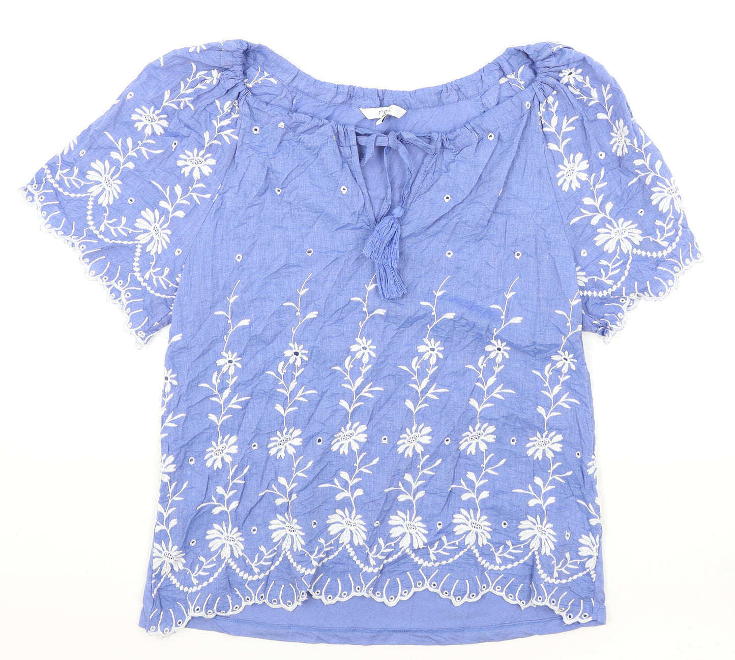NEXT Womens Blue Floral 100% Cotton Basic Blouse Size 12 Off the Shoulder