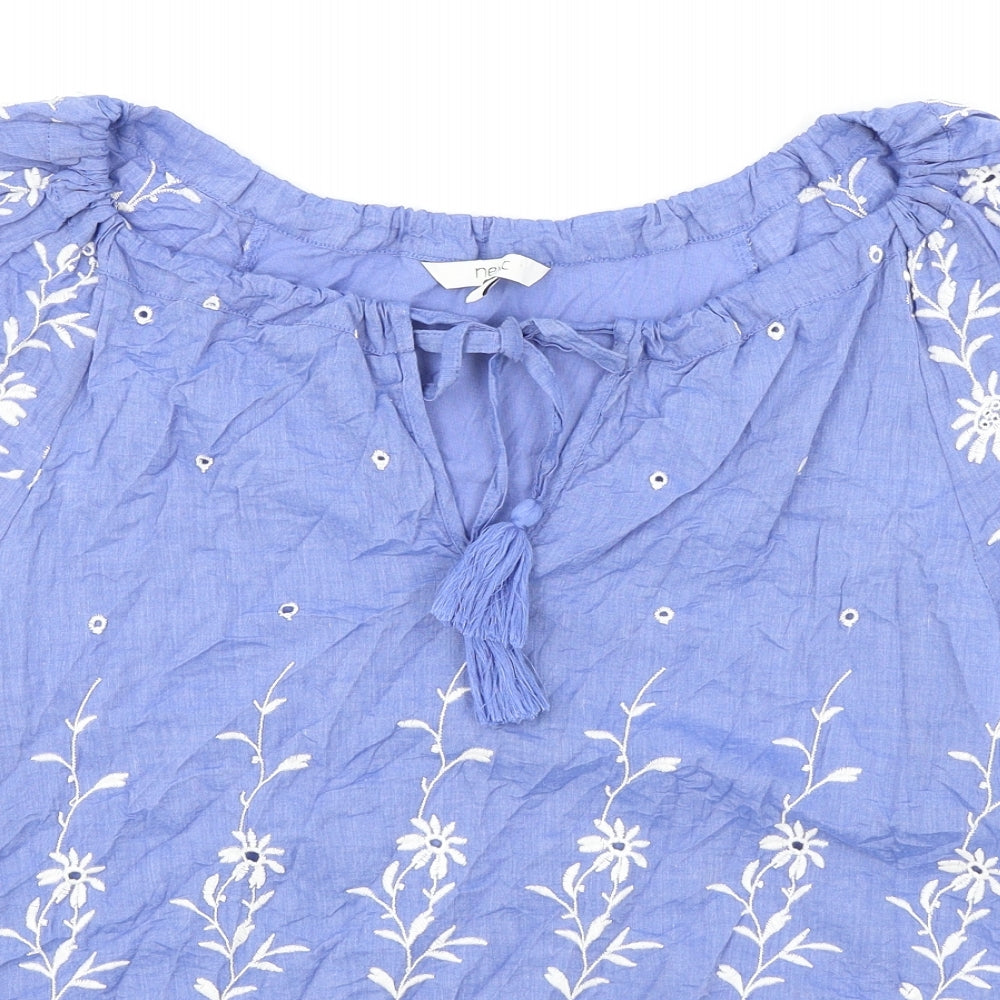 NEXT Womens Blue Floral 100% Cotton Basic Blouse Size 12 Off the Shoulder