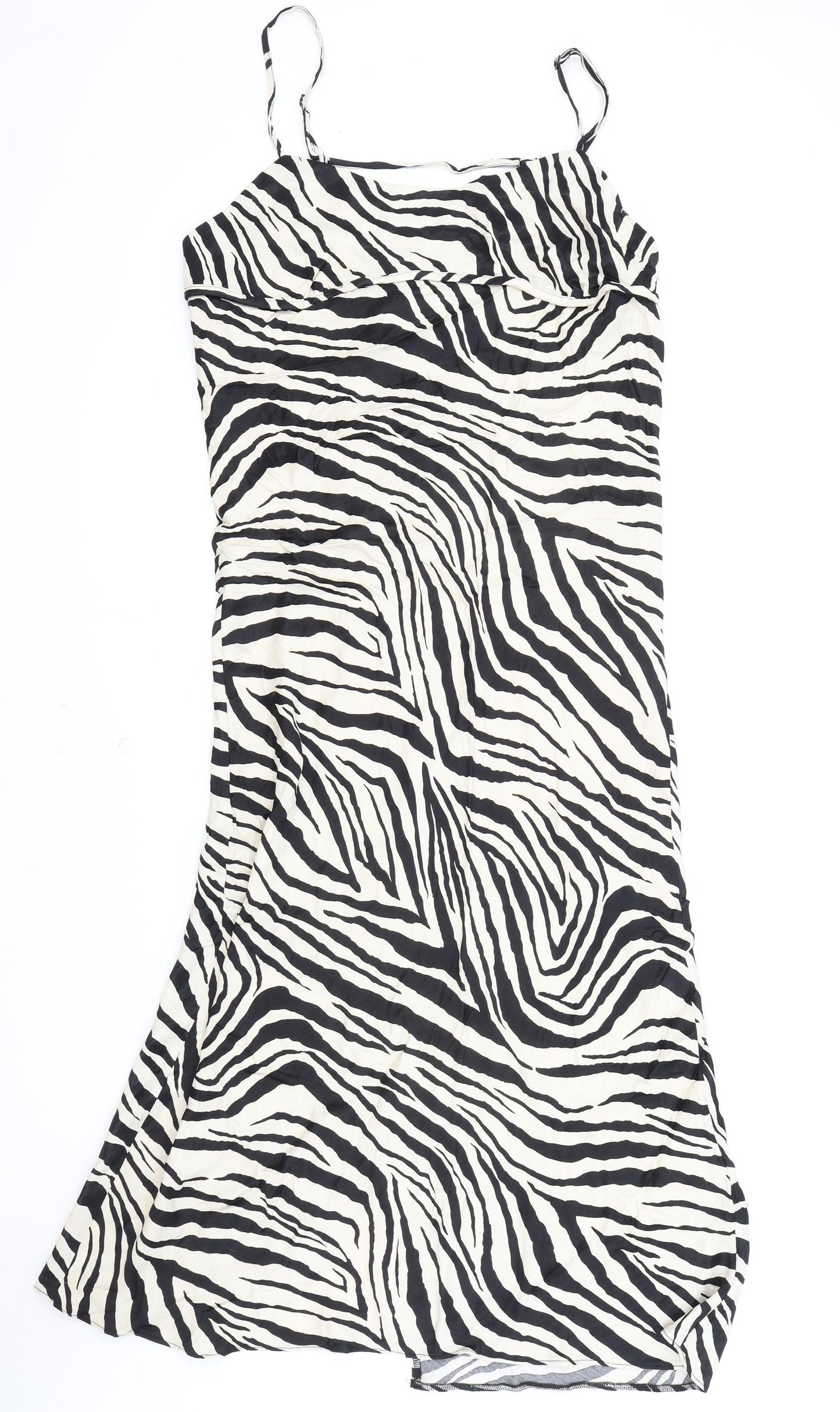 Primark Womens White Animal Print Viscose Slip Dress Size 16 Cowl Neck Zip - Zebra Print