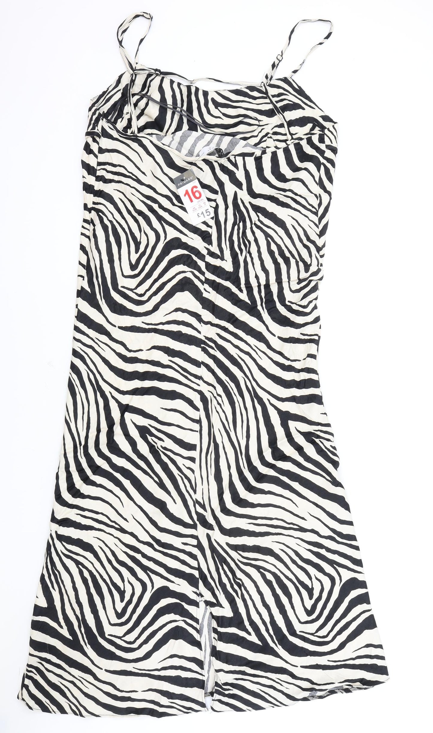 Primark Womens White Animal Print Viscose Slip Dress Size 16 Cowl Neck Zip - Zebra Print