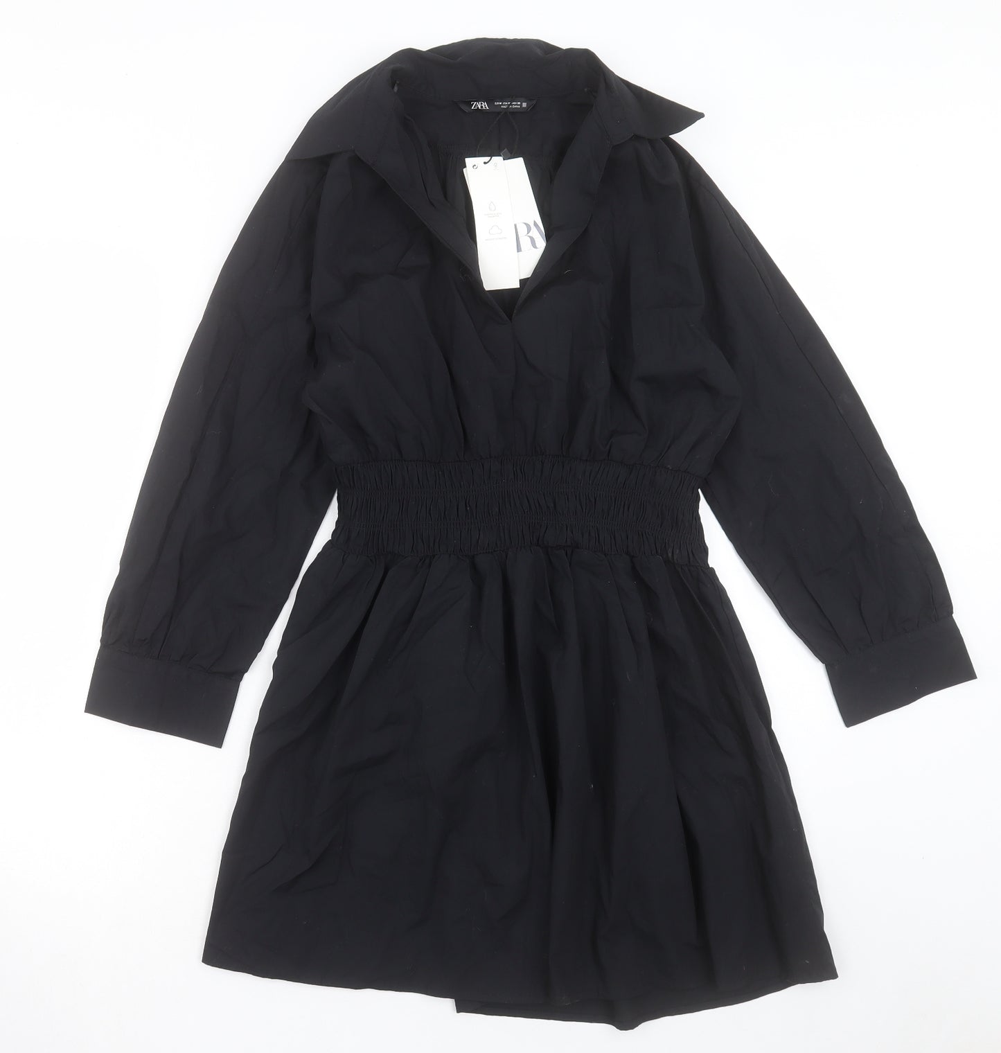 Zara Womens Black Cotton Shirt Dress Size M Collared Pullover