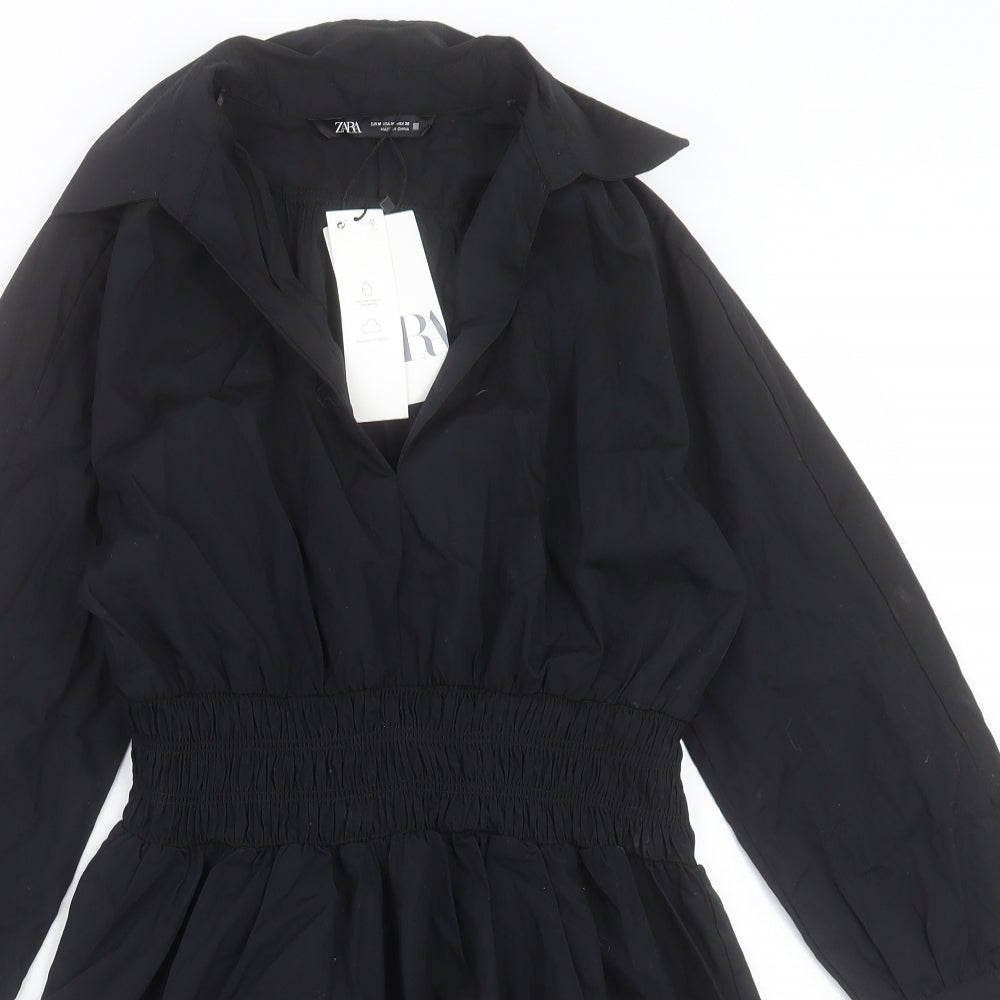 Zara Womens Black Cotton Shirt Dress Size M Collared Pullover