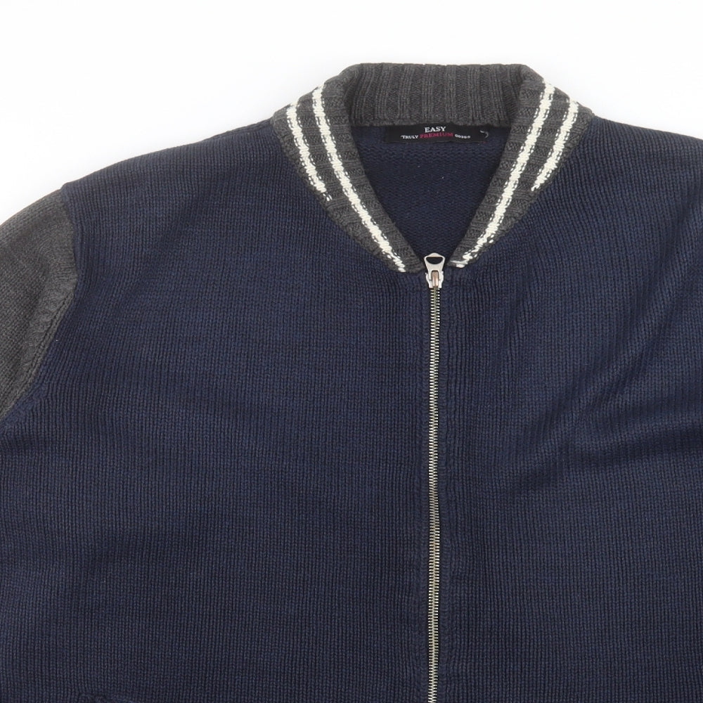 Easy Mens Blue V-Neck Acrylic Full Zip Jumper Size L