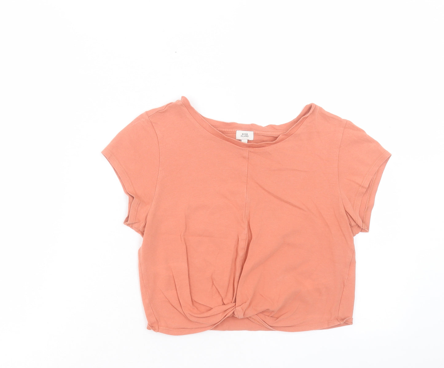 River Island Womens Orange Cotton Cropped T-Shirt Size 10 Crew Neck - Twist Front