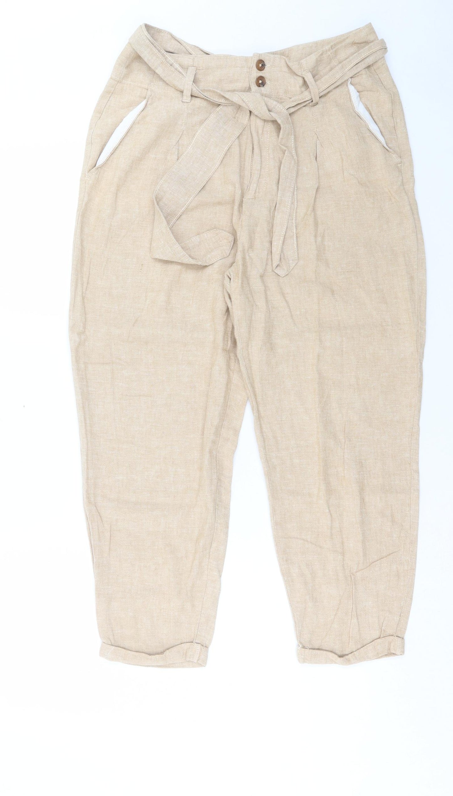 F&F Womens Beige Linen Trousers Size 12 L25 in Regular Button