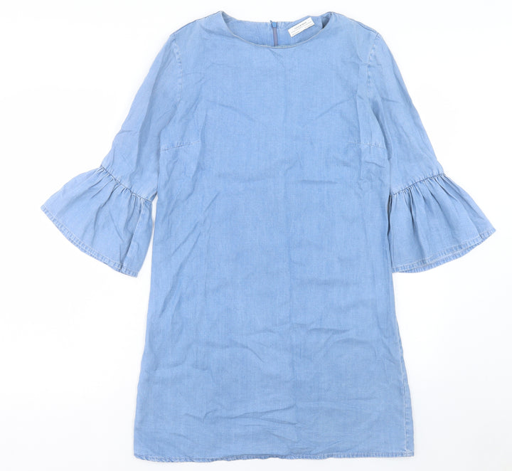 Zara Womens Blue Cotton Shift Size S Round Neck Zip