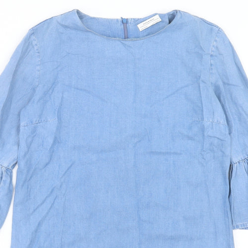 Zara Womens Blue Cotton Shift Size S Round Neck Zip