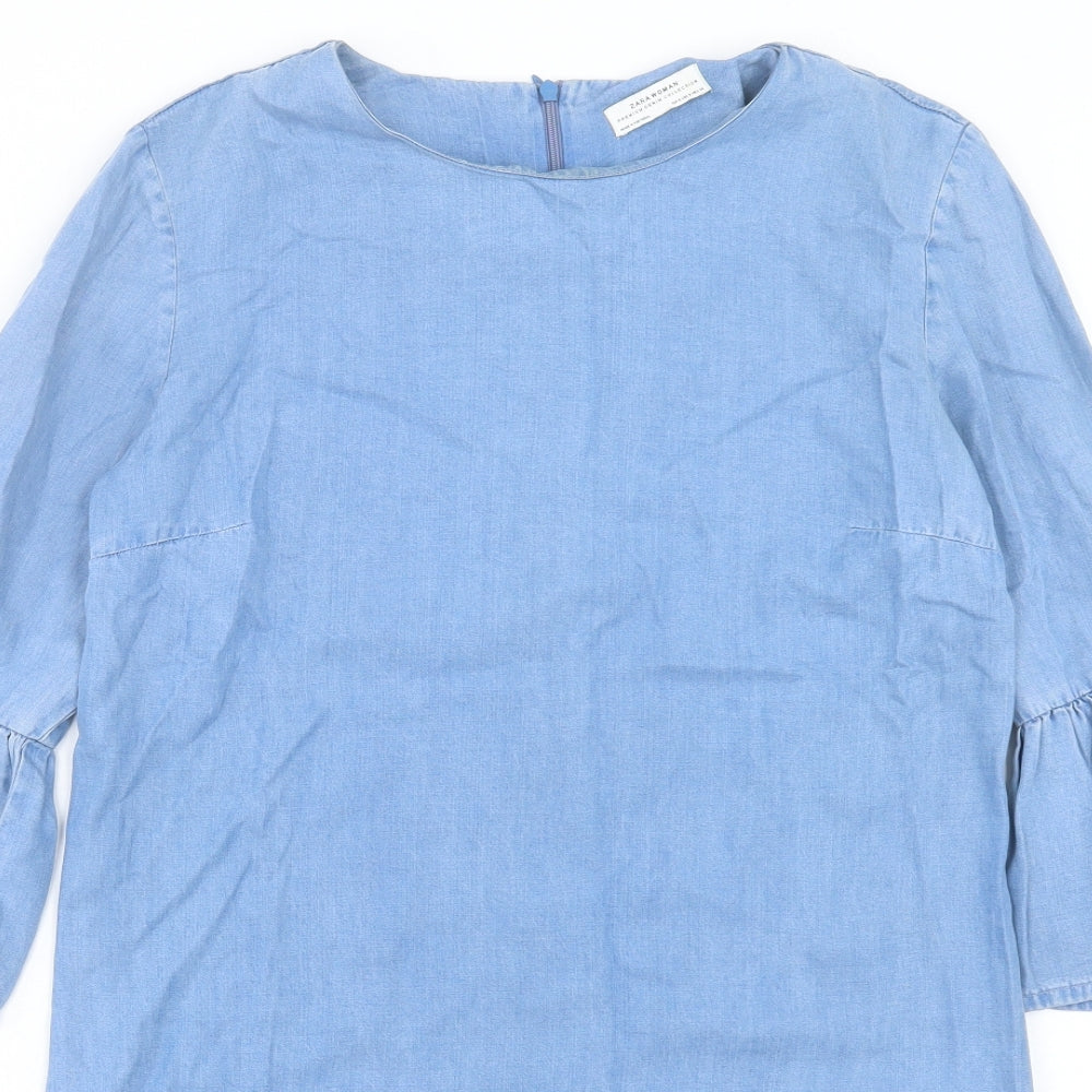 Zara Womens Blue Cotton Shift Size S Round Neck Zip