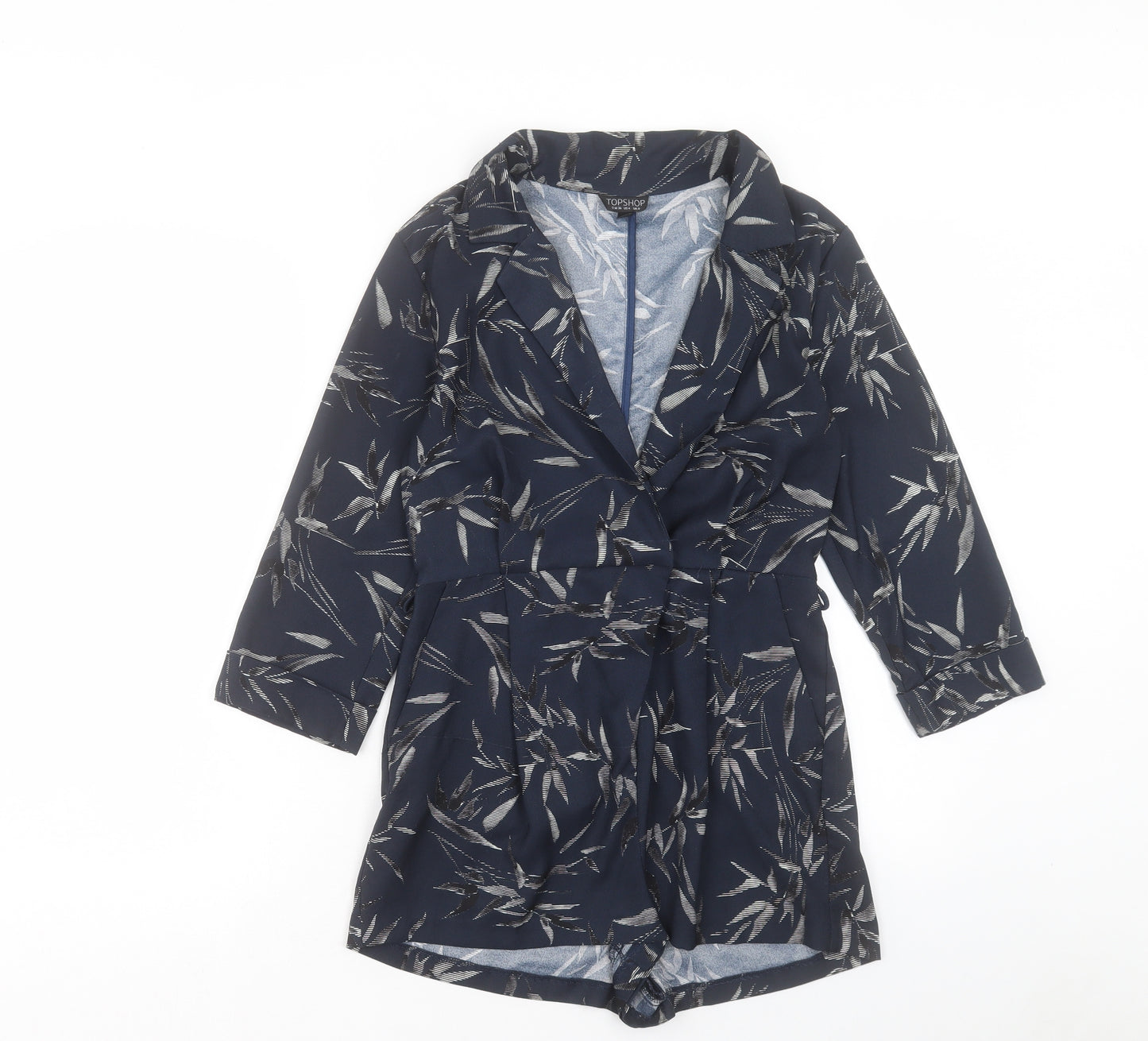 Topshop Womens Blue Floral Polyester Playsuit One-Piece Size 8 Button - Leaf Pattern