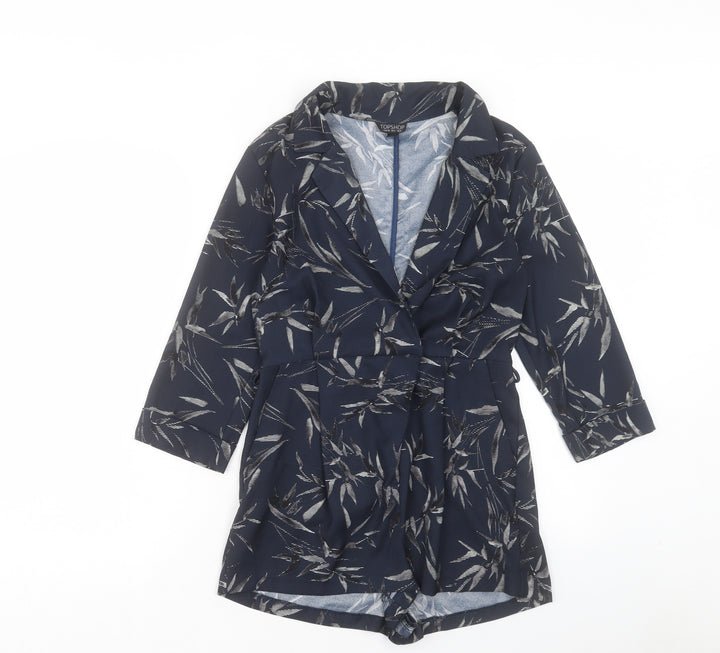 Topshop Womens Blue Floral Polyester Playsuit One-Piece Size 8 Button - Leaf Pattern