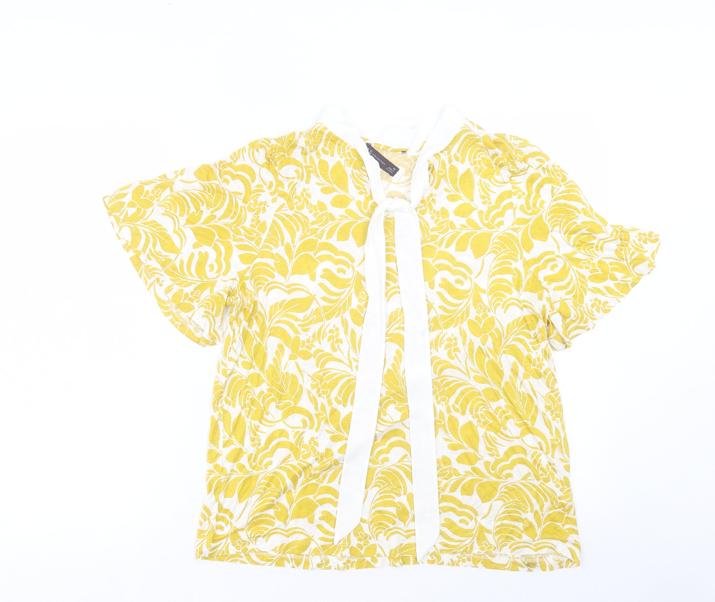 Marks and Spencer Womens Yellow Geometric Viscose Basic T-Shirt Size 14 V-Neck