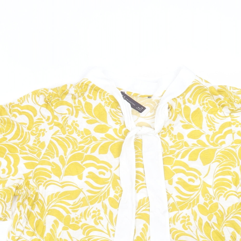 Marks and Spencer Womens Yellow Geometric Viscose Basic T-Shirt Size 14 V-Neck