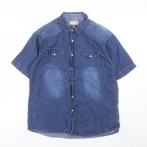 TU Mens Blue Cotton Button-Up Size L Collared Button