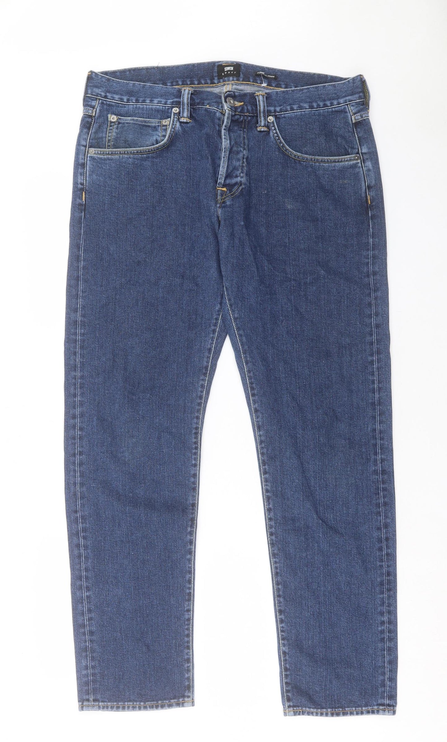 Edwin Mens Blue Cotton Straight Jeans Size 34 in L32 in Regular Button