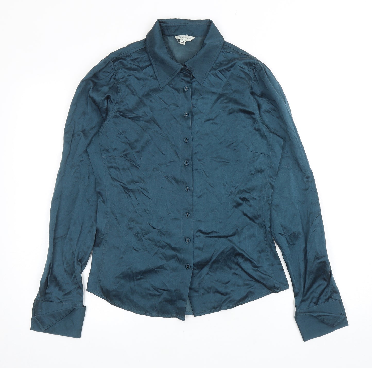 Jigsaw Womens Green Silk Basic Button-Up Size 10 Collared