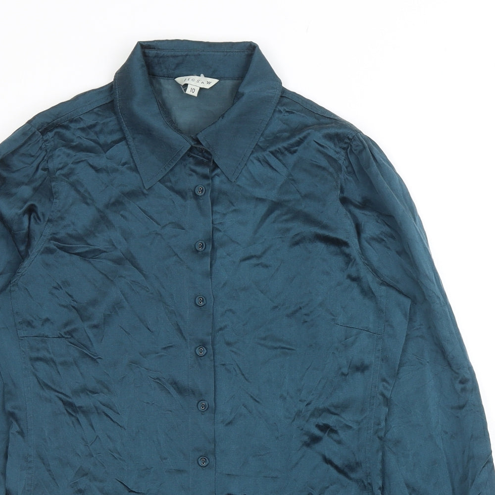 Jigsaw Womens Green Silk Basic Button-Up Size 10 Collared