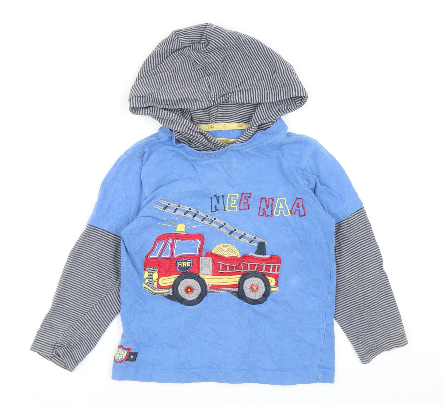 TU Boys Blue Striped Cotton Pullover T-Shirt Size 3-4 Years Round Neck Pullover - Fire Truck Print