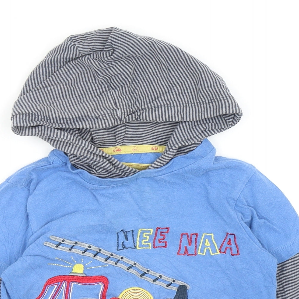 TU Boys Blue Striped Cotton Pullover T-Shirt Size 3-4 Years Round Neck Pullover - Fire Truck Print